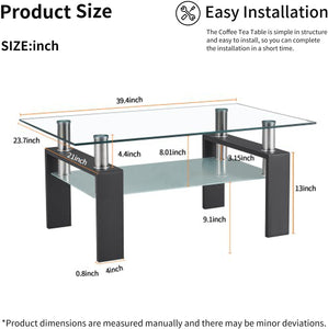 Glass Coffee Table with Lower Shelf, Clear Rectangle Glass Coffee Table, Modern Coffee Table with Metal Legs, Rectangle Center Table Sofa Table Home Furniture for Living Room, L5509 2036CDR
