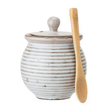 Load image into Gallery viewer, White Stoneware Honey Pot with Dipper &amp; Reactive Glaze Finish
