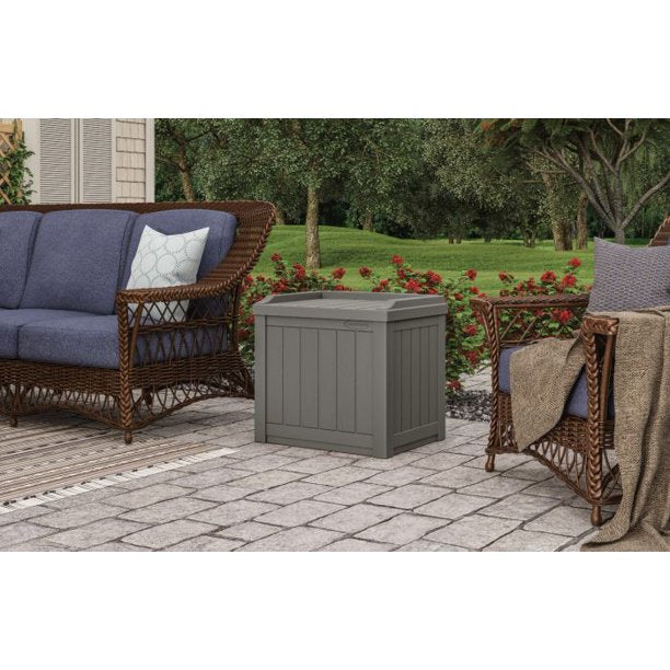 Suncast 22 Gallon Outdoor Resin Wicker Deck Storage Box with Seat, Stoney Gray 2532CDR