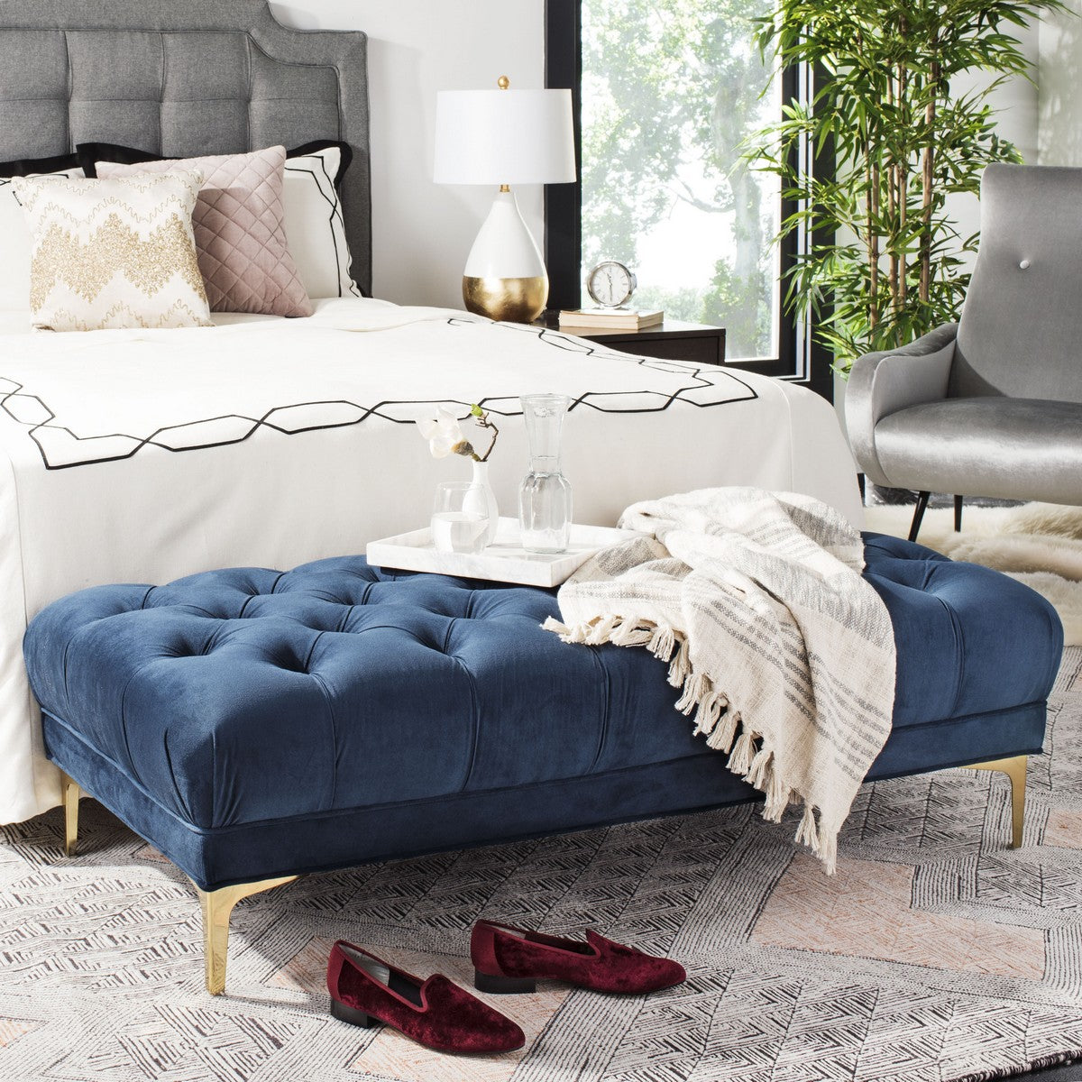 Zarya Navy/Brass Tufted Rectangular Bench #790HW