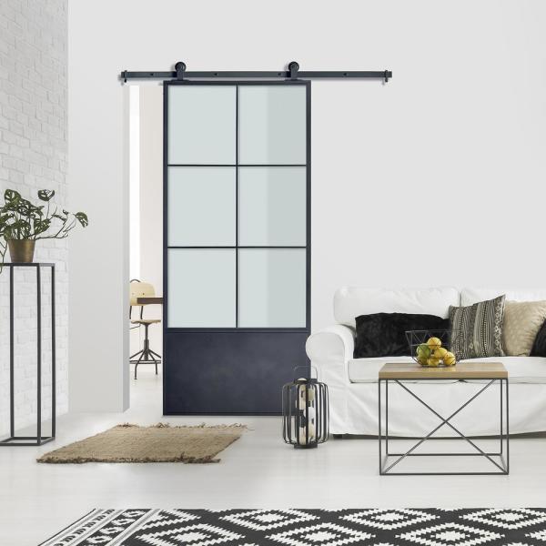 37in.x84in.x3 in.Broadway Steel Frame Tempered Glass Barn Door Interior Sliding Door Black 3404RR