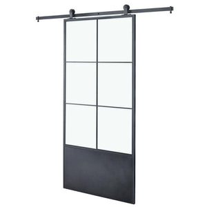 37in.x84in.x3 in.Broadway Steel Frame Tempered Glass Barn Door Interior Sliding Door Black 3404RR