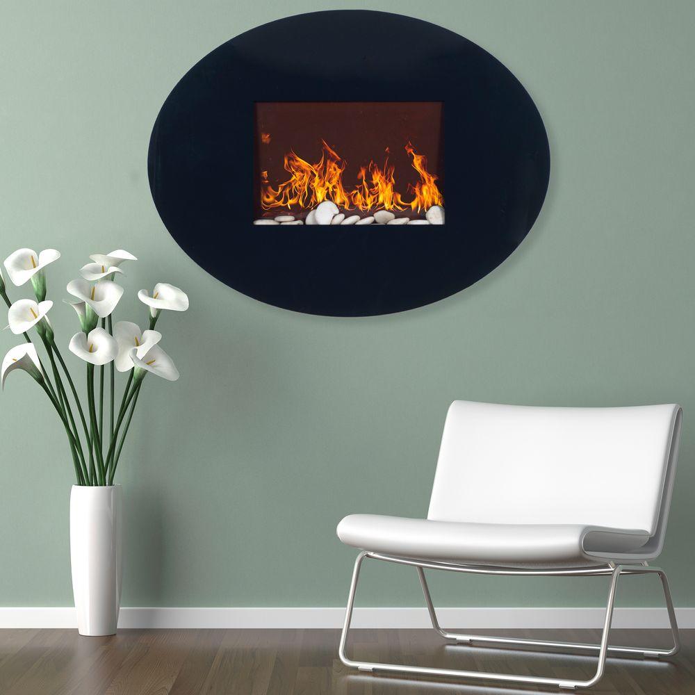 34 in. Wall-Mount Oval Glass Electric Fireplace in Black 7529