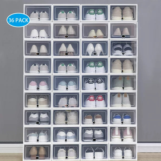 36 Pack Clear Shoe Organizer Box, BTMWAY Transparent Plastic Stackable Shoe Storage Boxes Cabinet Cube, Foldable Shoe Organizer Rack Boxes Shoe Storage Containers for Closets Entryway Under Bed