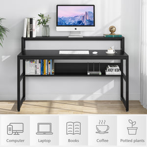 Computer Desk with Shelves, 55 Inches Office Writing Desk with Monitor Stand Shelf, Study Workstation with Open Bookshelf for Home Office (Black)