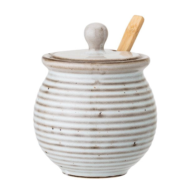 White Stoneware Honey Pot with Dipper & Reactive Glaze Finish