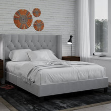 Load image into Gallery viewer, DG Casa Bardy Upholstered Panel Bed Frame with Diamond Button Tufted and Nailhead Trim Wingback Headboard, Queen Size in Silver Faux Velvet Fabric
