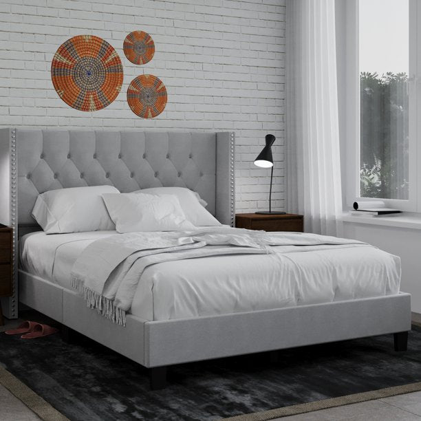 DG Casa Bardy Upholstered Panel Bed Frame with Diamond Button Tufted and Nailhead Trim Wingback Headboard, Queen Size in Silver Faux Velvet Fabric
