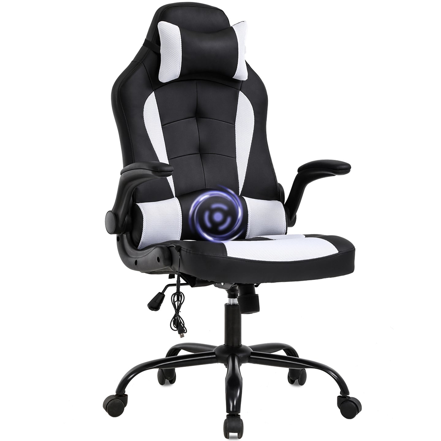 PC Gaming Chair Massage Office Chair Ergonomic Desk Chair Racing Executive PU Leather Computer Chair with Lumbar Support Headrest Armrest Task Rolling Swivel Chair for Women Adults, White 7544