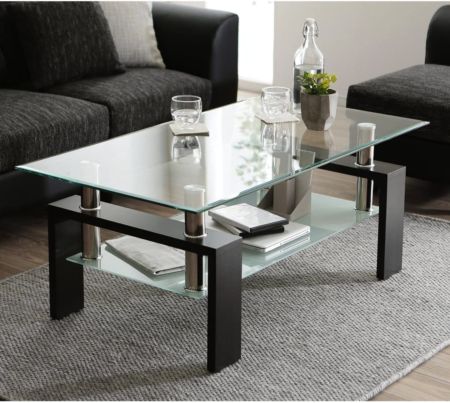 Glass Coffee Table with Lower Shelf, Clear Rectangle Glass Coffee Table, Modern Coffee Table with Metal Legs, Rectangle Center Table Sofa Table Home Furniture for Living Room, L5509 2036CDR