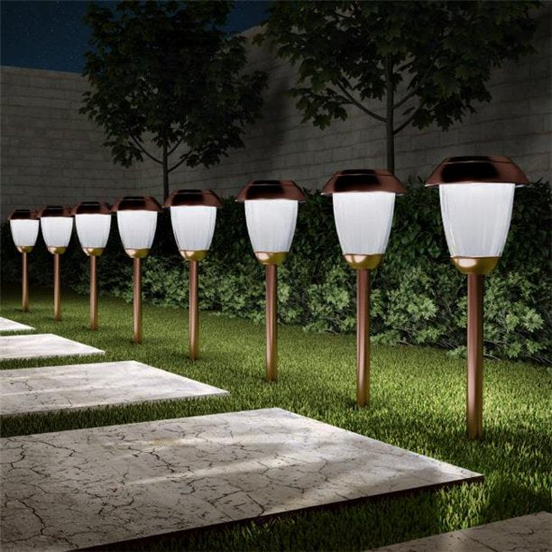Pure Garden 16 in. Solar Path Tall Stainless Steel Outdoor Stake Lighting for Garden - Copper - Set of 8