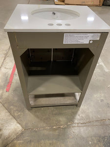 24 in. Bath Vanity in Barstow Acacia with Coastal Linen Doors and Vanity Top in White Stone with Basin