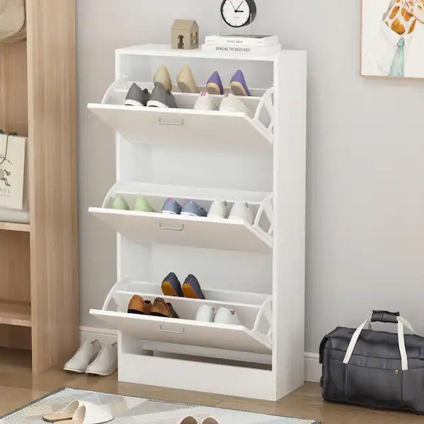 23.6 in. W x 45.5 in. H White Wood 18-Pair Wood Shoe Storage Cabinet with 6-Foldable Compartments