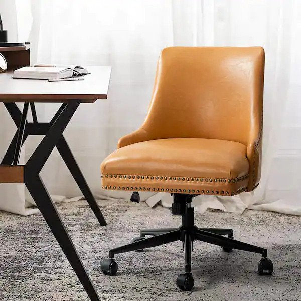 Upholstered Swivel Task Chair With Nailhead Trim, Camel