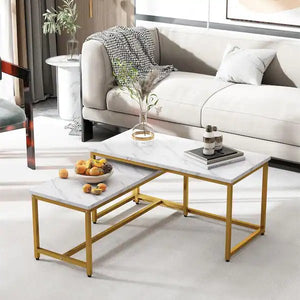 35.43 in. L Marble White 17.71 in. H Rectangle MDF Modern Nesting Coffee Tables Set with 2-Pieces