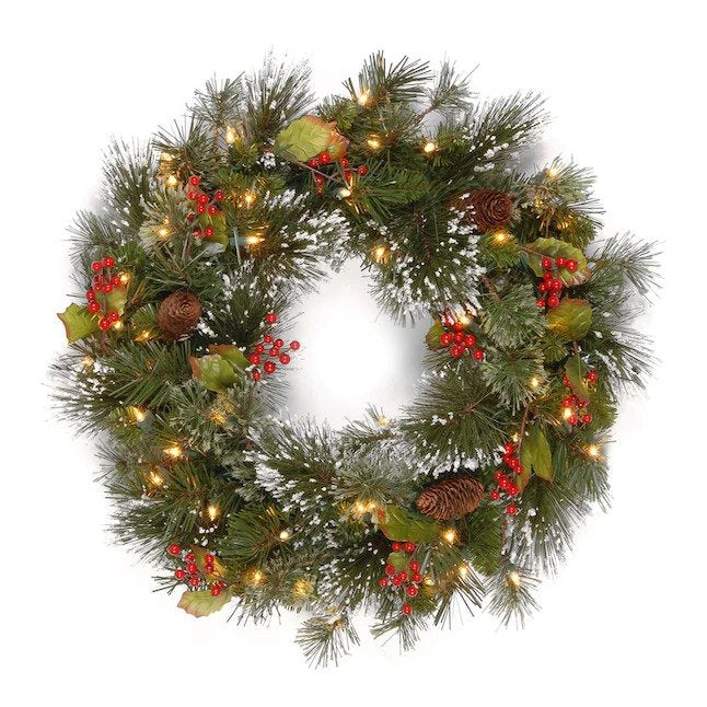 24-in Flocked Pre-lit Outdoor Battery-operated Green Pine Artificial Christmas Wreath