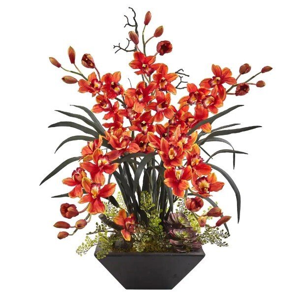 Artificial Cymbidium Orchid with Black Vase