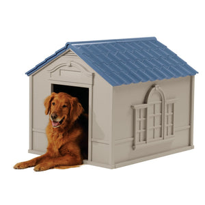 Suncast Indoor & Outdoor Dog House for Medium and Large Breeds, Tan/Blue 7538