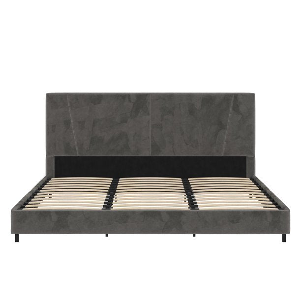 Maverick Velvet Platform Bed with Tufted Headboard, King, Gray