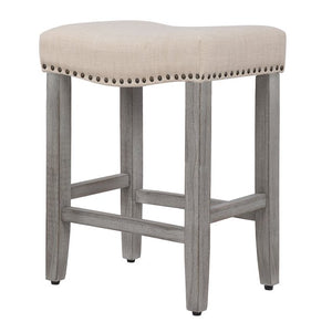 24" Inch Upholstered Saddle Seat Bar Stool (Set of 2), Antique Gray/Beige
