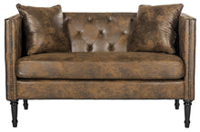 Load image into Gallery viewer, Sarah Tufted Settee With Pillows Brown Faux Leather 113CDR
