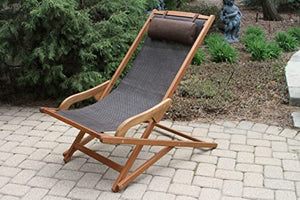 Foldable Sling and Eucalyptus Outdoor Lounge Chair with Head Pillow Brown(876)