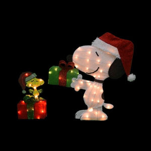 26 in. Peanuts 2D Pre-Lit Yard Art Animated Snoopy and Woodstock on Gift (SB1279)