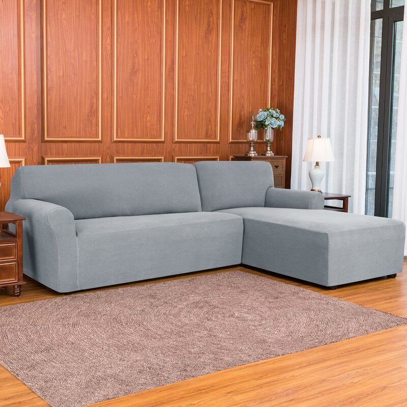 2 Piece Textured Grid Soft Stretch L-Shaped Right Chaise Individual Box Cushion Sofa Slipcover    in Light Gray 152 DC