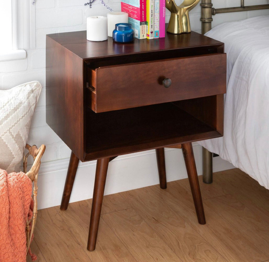 Mid-Century Solid Wood 1 Drawer Nightstand-Walnut