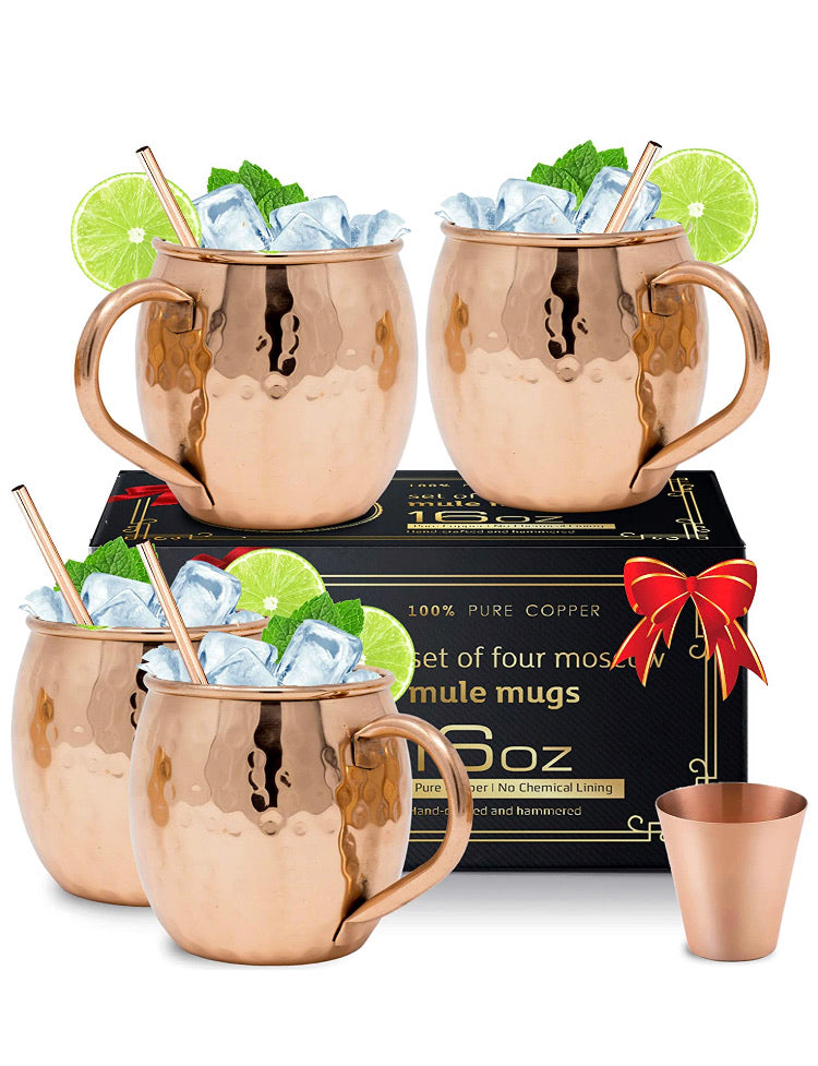 Moscow Mule Copper Mugs with 4 Straws and Shot Glass - 13 CDR