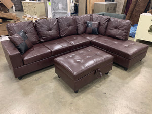 3 PC Sectional Sofa Set, (Brown) Faux Leather Right -Facing Chaise and storage ottoman