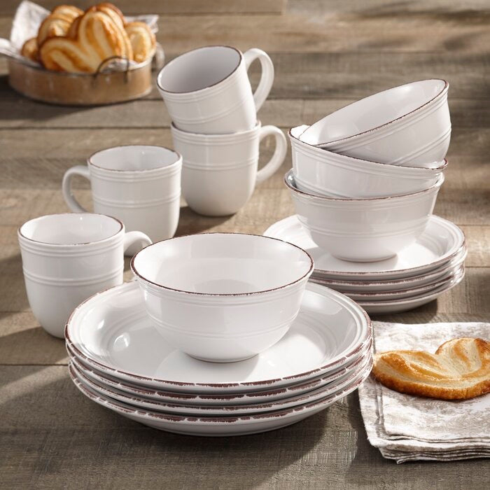Annabelle 16 Pieces Dinnerware Set, Service For 4 Whitw/Brown(1028)