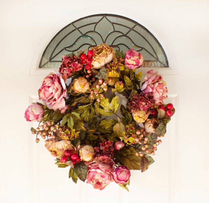 24.0 in. H Red Peony  Hydrangea Wreath 4398RR