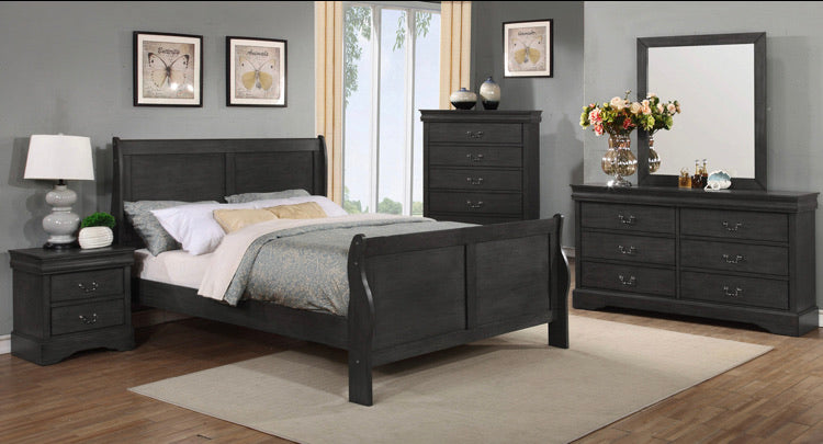 Louis Philippe Queen Headboard, Footboard, 4 rails and slats (Charcoal) (2 boxes) 259CDR