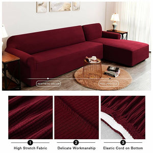 2 Piece Textured Grid Soft Stretch L-Shaped Right Chaise Individual Box Cushion Sofa Slipcover In Color Wine 159 DC
