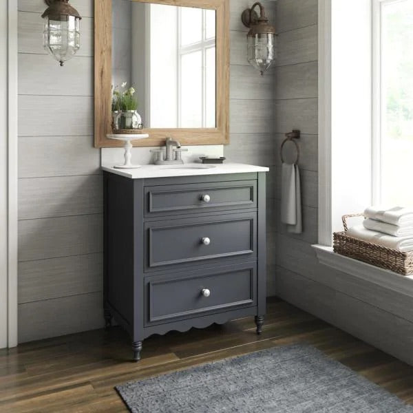 30 in. Bath Vanity in Gray with Cottage Dresser Style with White Stone Top and Basin
