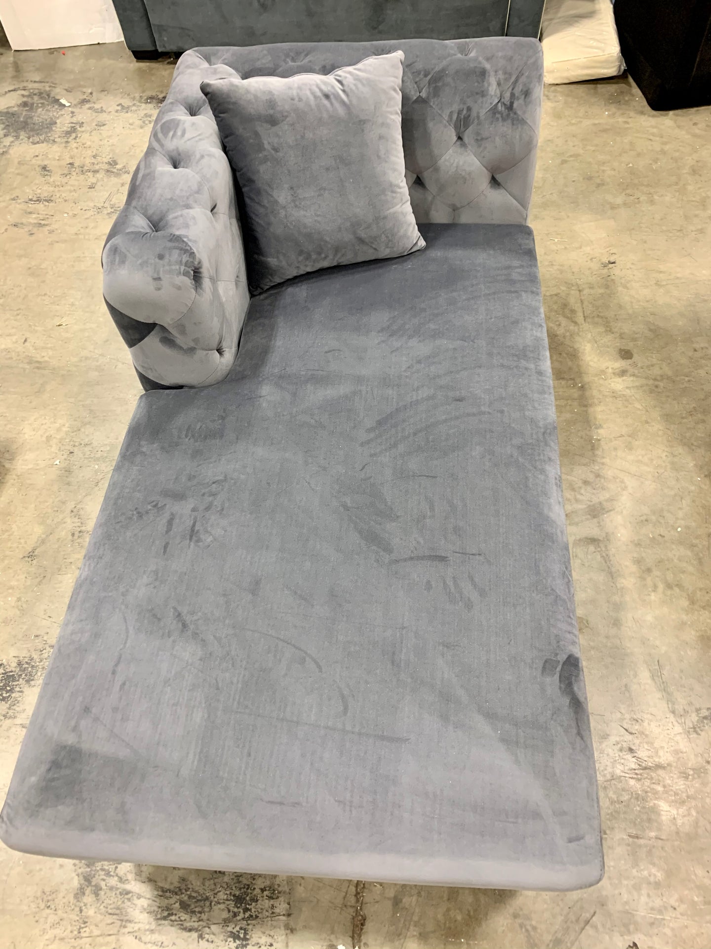 Grey Velvet Chaise Sectional Piece AS IS