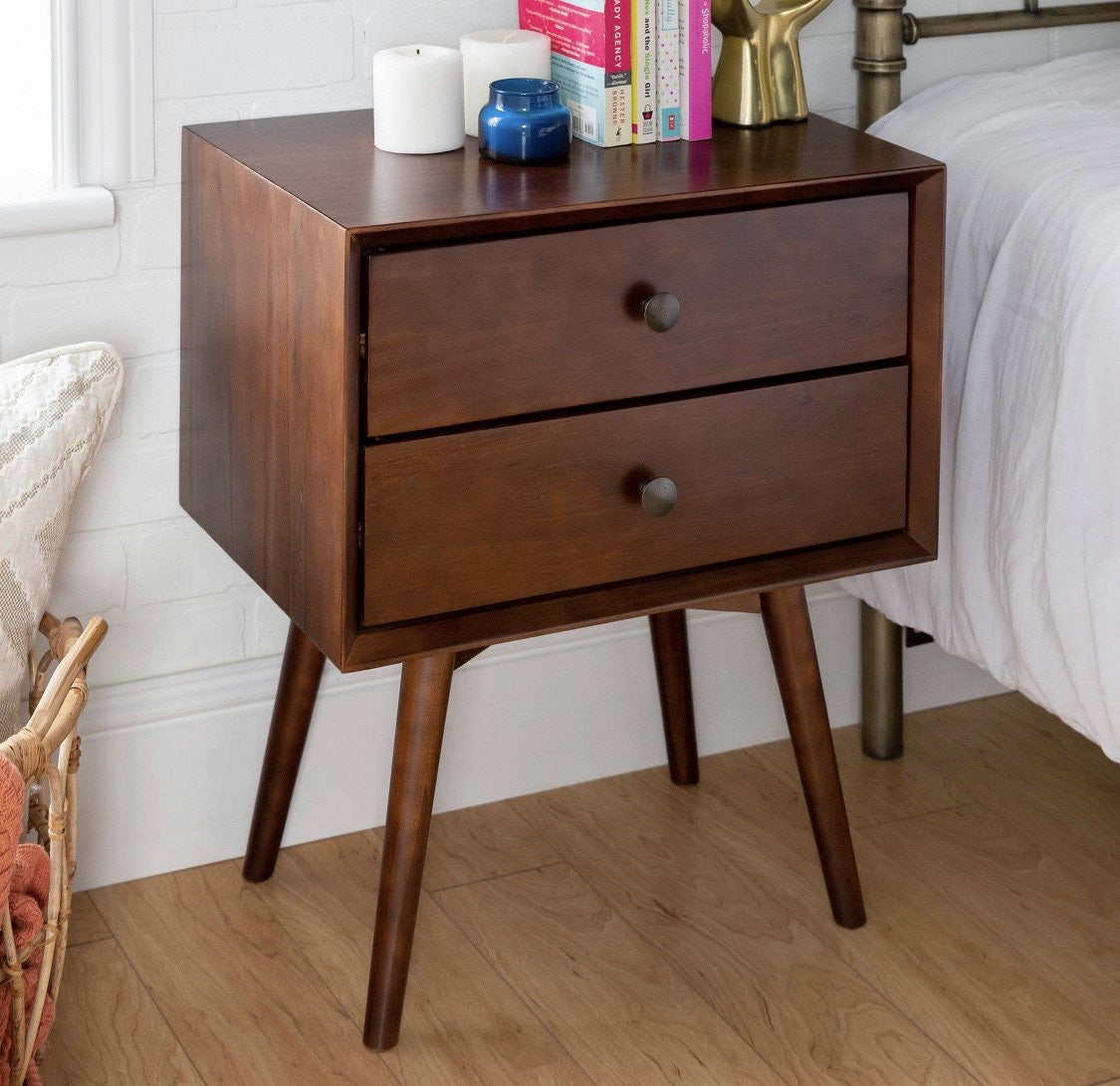 Mid Century 2 Drawer Solid Wood-Walnut