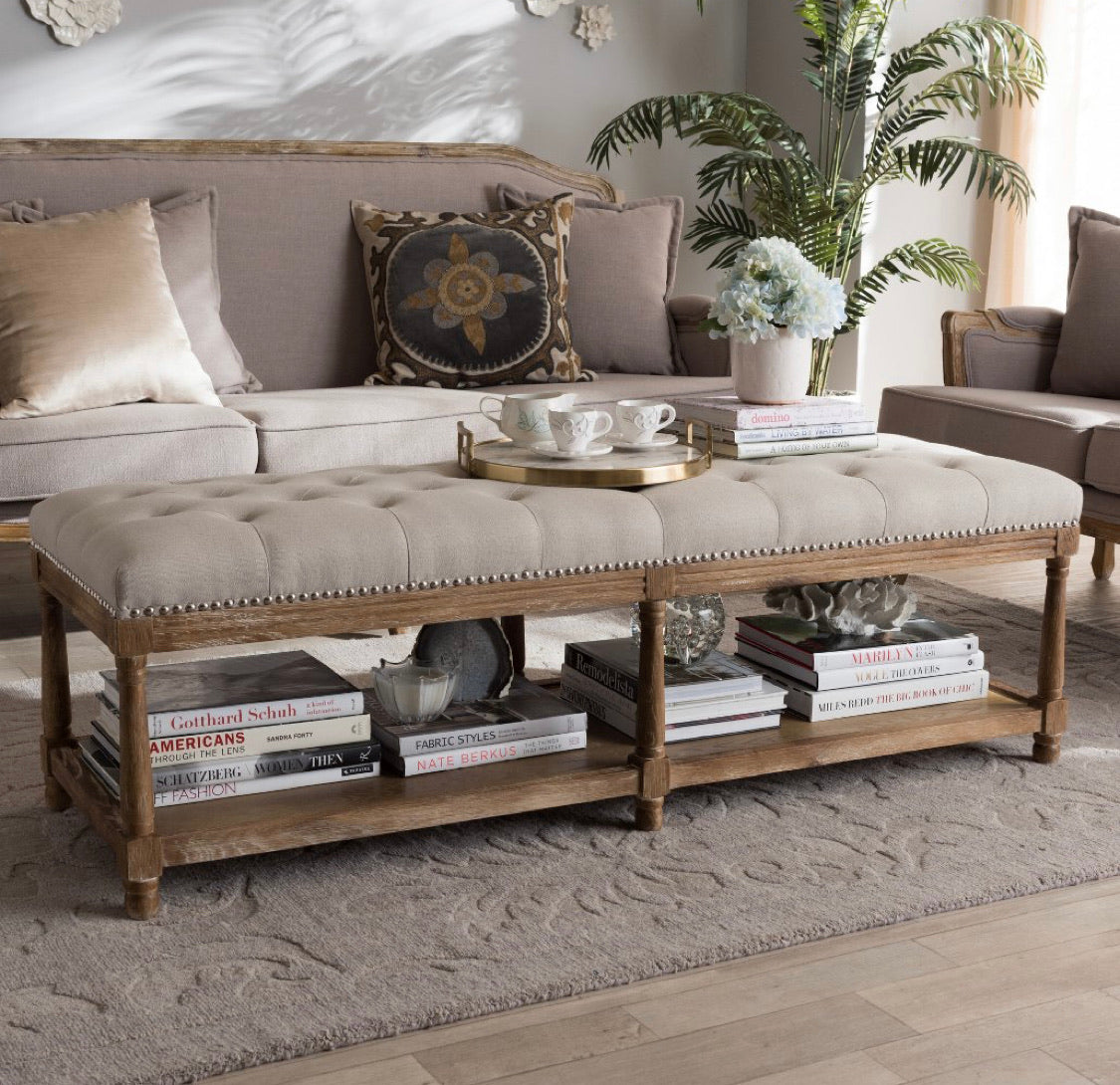 Celeste French Country Weathered Oak-Linen Upholstered Ottoman-Beige #3111