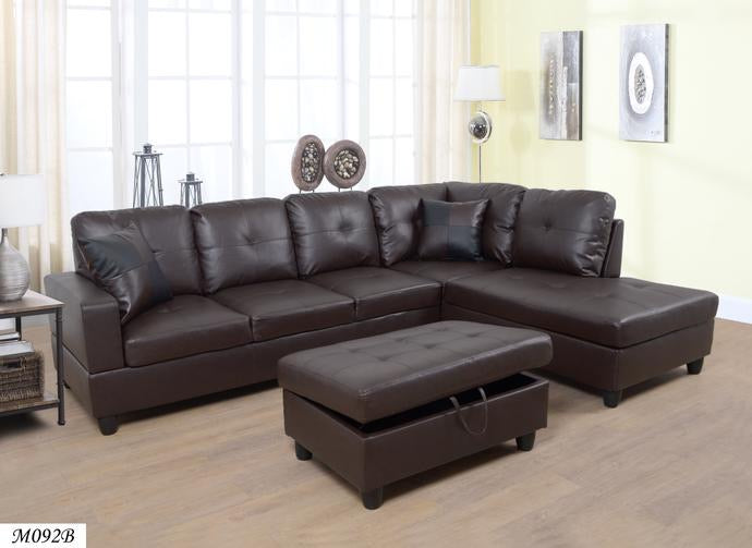 3 PC Sectional Sofa Set, (Brown) Faux Leather Right -Facing Chaise and storage ottoman
