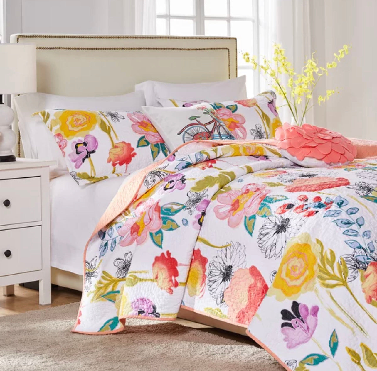 Bellario Reversible Floral 100% Cotton 3 Piece Quilt Set