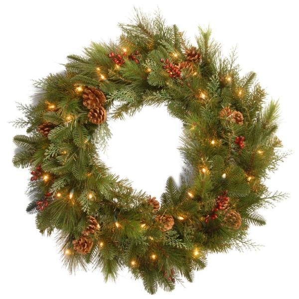 Mixed 30 in. Artificial Wreath with Battery Operated Warm White LED Lights AP