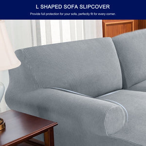 2 Piece Textured Grid Soft Stretch L-Shaped Right Chaise Individual Box Cushion Sofa Slipcover    in Light Gray 152 DC