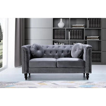 Load image into Gallery viewer, Vivian 64.2 in. Grey  Velvet 2-Seater Chesterfield Loveseat with Nailheads MRM2083
