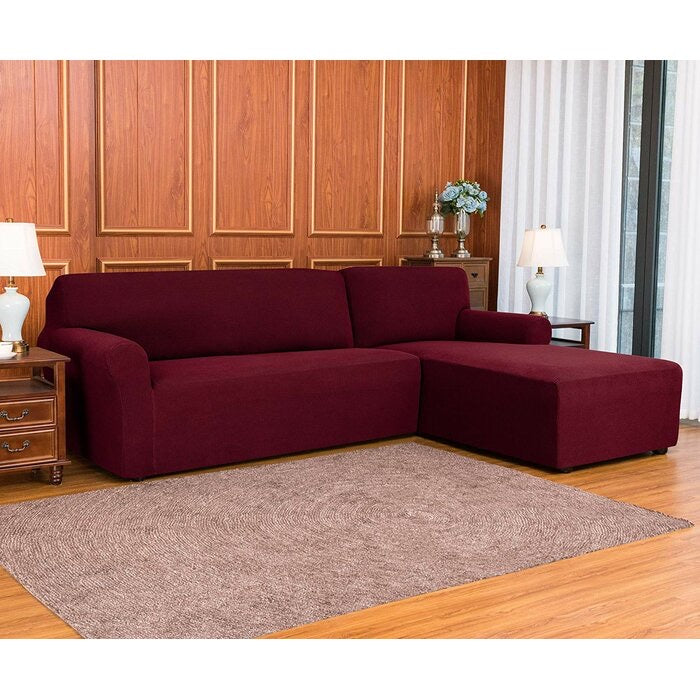 2 Piece Textured Grid Soft Stretch L-Shaped Right Chaise Individual Box Cushion Sofa Slipcover In Color Wine 159 DC