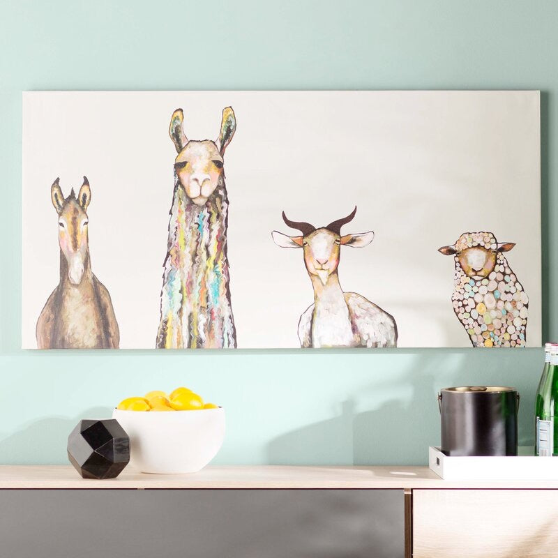 'Donkey, Llama, Goat, Sheep' - Wrapped Canvas Acrylic Painting Print 15”x30”(1312)