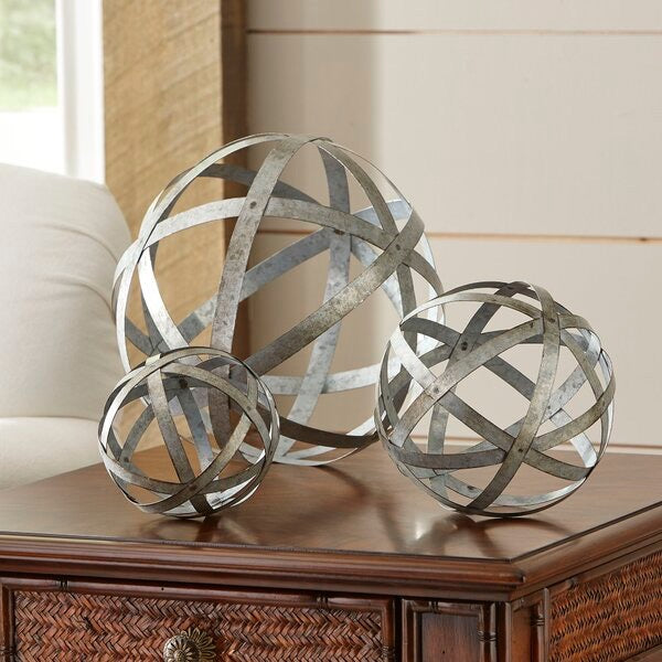 3 piece Galvanized Sphere Silver Sculpture Set #87-NT