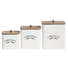 Square Black and White  Metal Containers with Natural Wood Lid (Set of 3)MRM2139