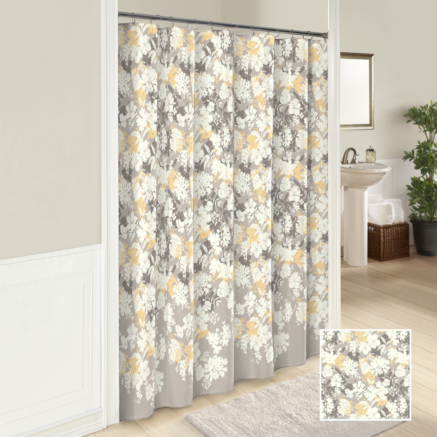 Rumph 100% Cotton Floral Single Shower Curtain (In yellow/gray) 138 DC