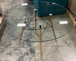 Dover Round Glass Top Dining Table W/ Natural Wood Eiffel Base